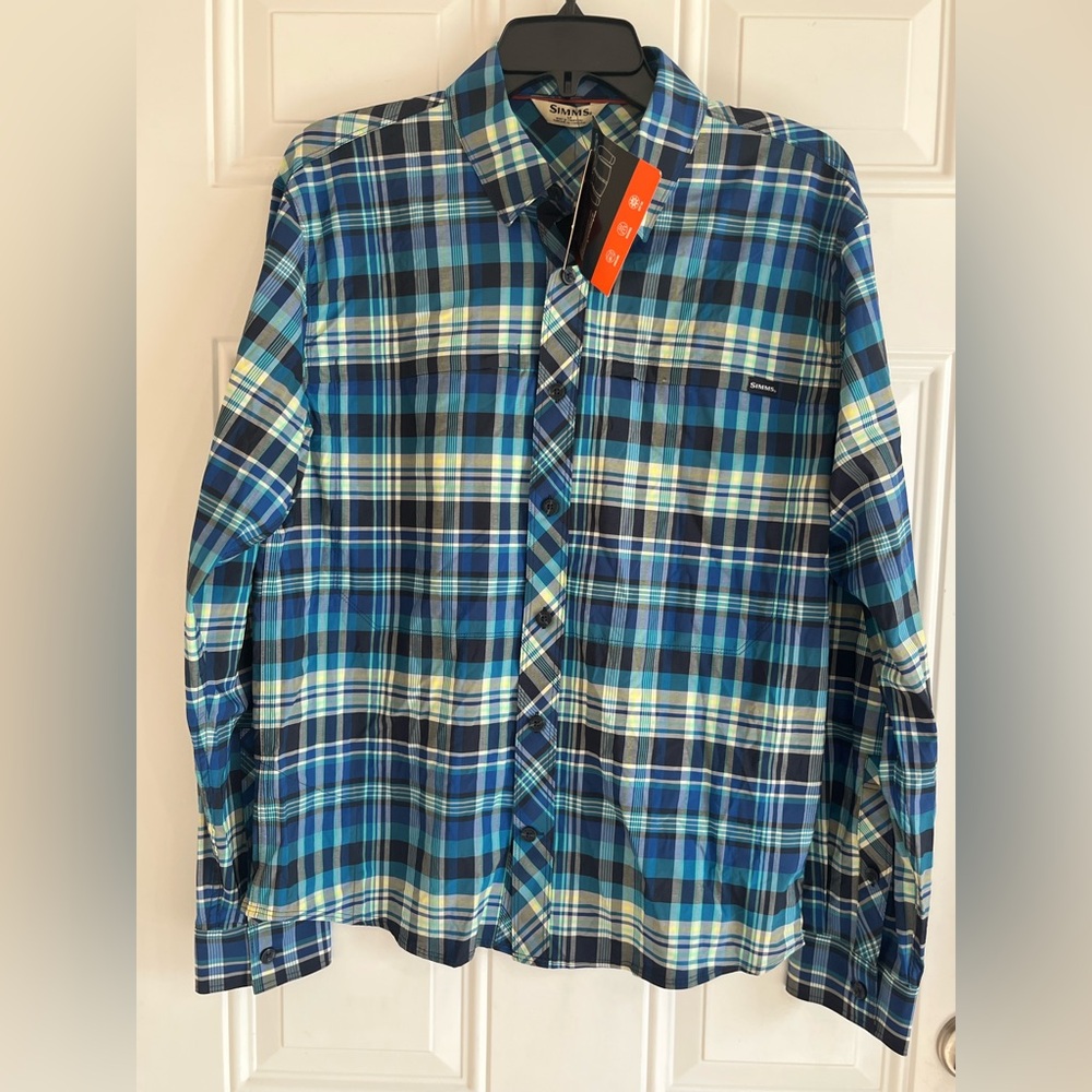 NWT Simms Stone Cold Fishing Shirt S UPF50+ Meridian Madras Blue Plaid Stretch